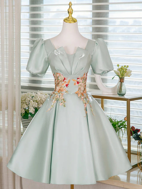 Green Satin A-line with Flower Short Sleeves Homecoming Dress, Green Satin Party Dress